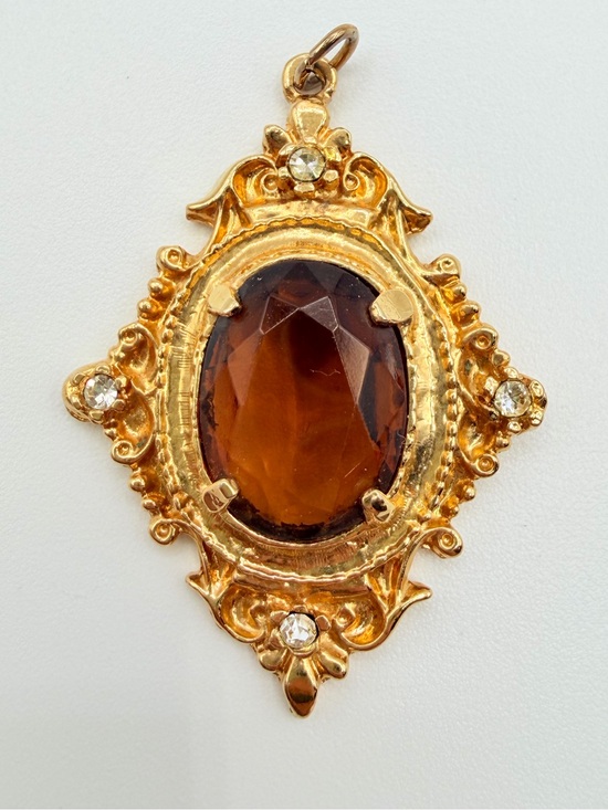 Vintage Jewelry - Vintage Victorian Revival Amber Glass Rhinestone Gold Tone Pendant